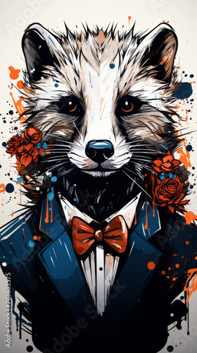 Anthropomorphic Raccoon in Suit with Abstract Floral Elements