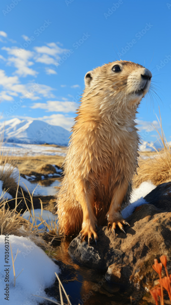 Alert Prairie Dog Standing in Snow-Covered Field with Mountain Backdrop
Alert Prairie Dog Standing in Snow-Covered Field with Mountain Backdrop