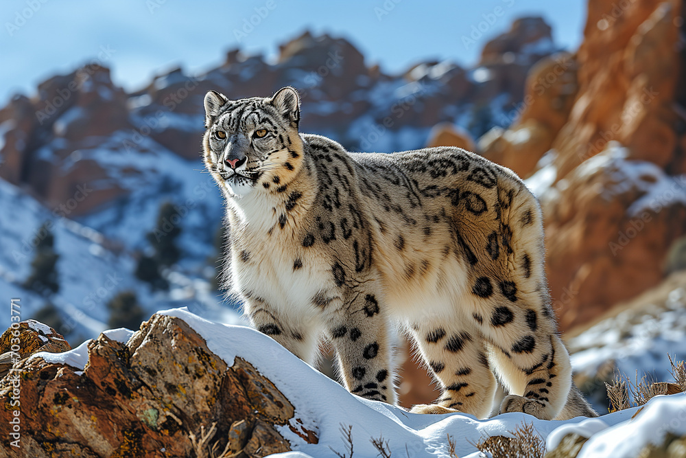 Obraz premium Wild Snow Leopard in a Natural Environment full of Snow and Mountains, High on the Rocks Stalking and Watching