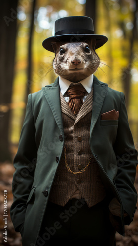 Anthropomorphic Squirrel in Vintage Suit and Top Hat in Autumn Forest   © Keyser the Red Beard