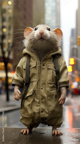 Anthropomorphic Rat in Jacket Standing on Urban Street