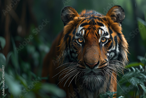 Wild Tiger in the Natural Asian and Indian Jungle  Stalking Among the Green Foliage as a Big Cat Hunter