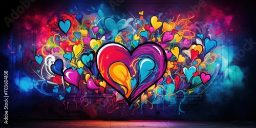 Mural of Colorful Hearts Illuminates the Wall With Passionate Artistry Generative AI photo