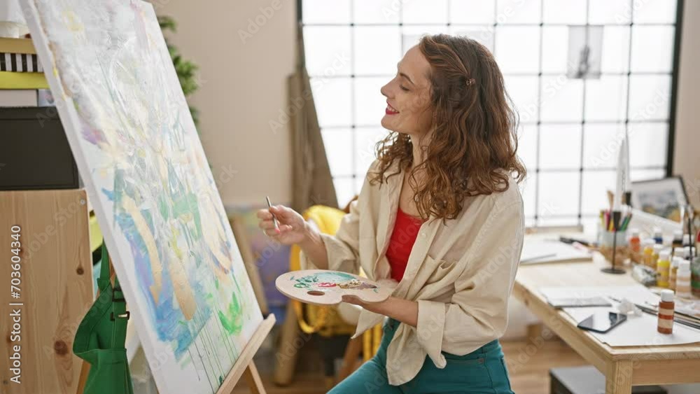 Confident and happy young female artist, immersed in her creativity, enjoying drawing on a canvas at her cozy art studio, smiling Confident and happy young female artist, immersed in her creativity, enjoying drawing on a canvas at her cozy art studio, smiling