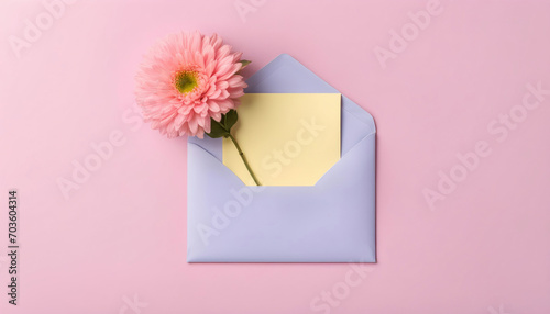 Pastellfarbener Briefumschlag mit Blume auf pastellfarbenem Hintergrund © schiers_images