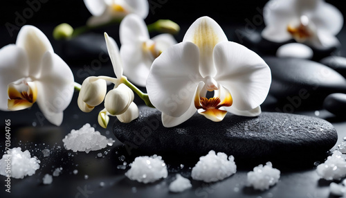 Spa Konzept - Weiße Orchideen mit Basaltsteinen auf dunklem Hintergrund