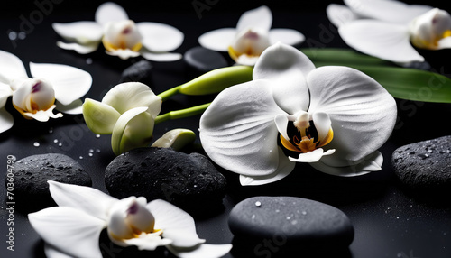 Spa Konzept -  Wei  e Orchideen mit Basaltsteinen auf dunklem Hintergrund