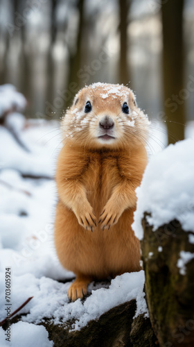 Curious Prairie Dog Standing in Snowy Forest

