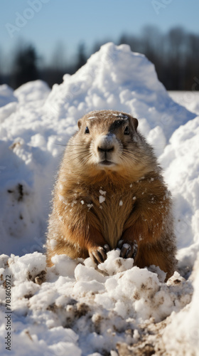 Groundhog Emerging from Snowy Burrow in Winter