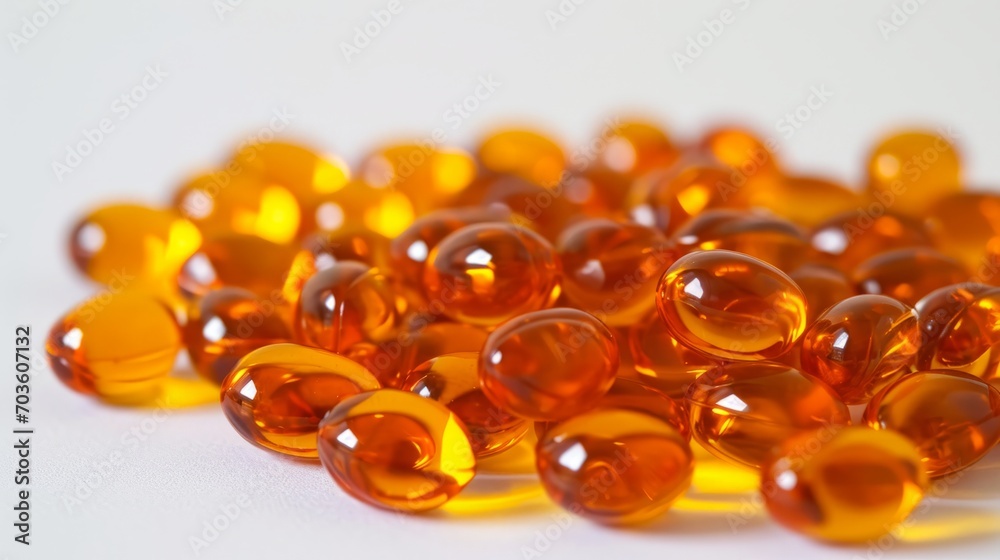 A group of amber gel capsules laying on a white background. 