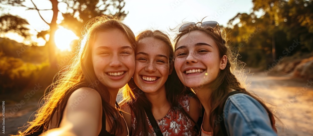 Young girls friends take a happy selfie outdoors. Young girls friends take a happy selfie outdoors.