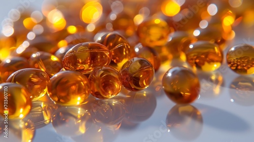 A group of amber gel capsules laying on a white background. 