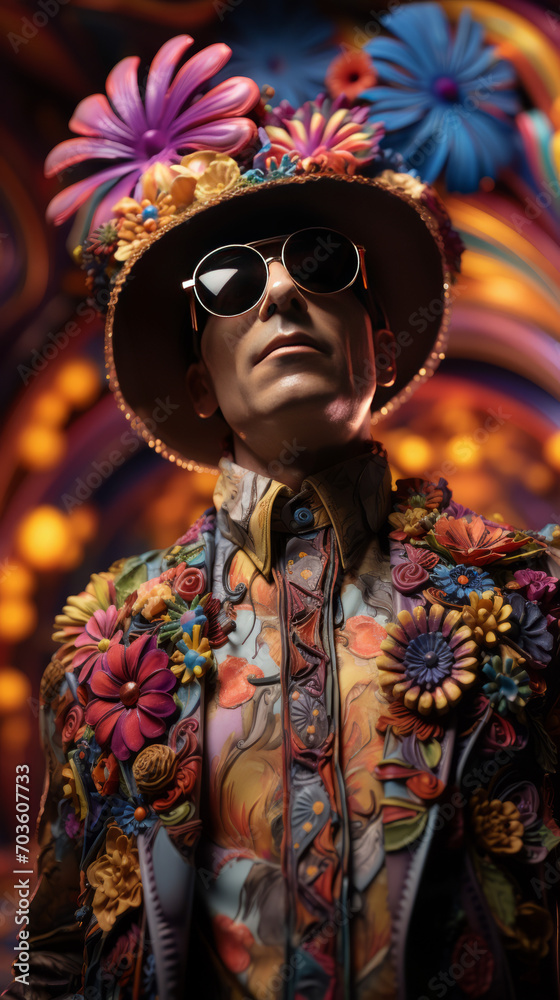 Fashionable Man with Floral Costume and Hat Against Artistic Backdrop

