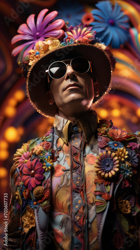 Fashionable Man with Floral Costume and Hat Against Artistic Backdrop