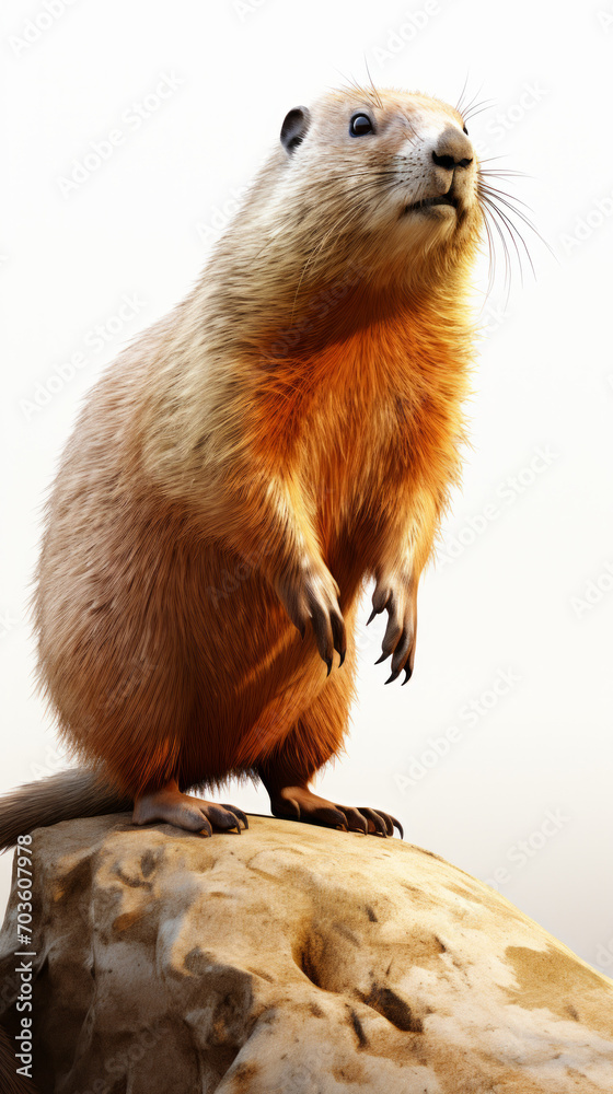 Alert Prairie Dog Standing on a Rock Isolated on White Background

