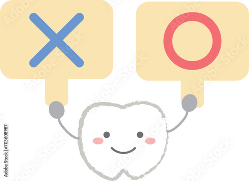マルバツ札を持っている歯のキャラクターイラスト　主線あり