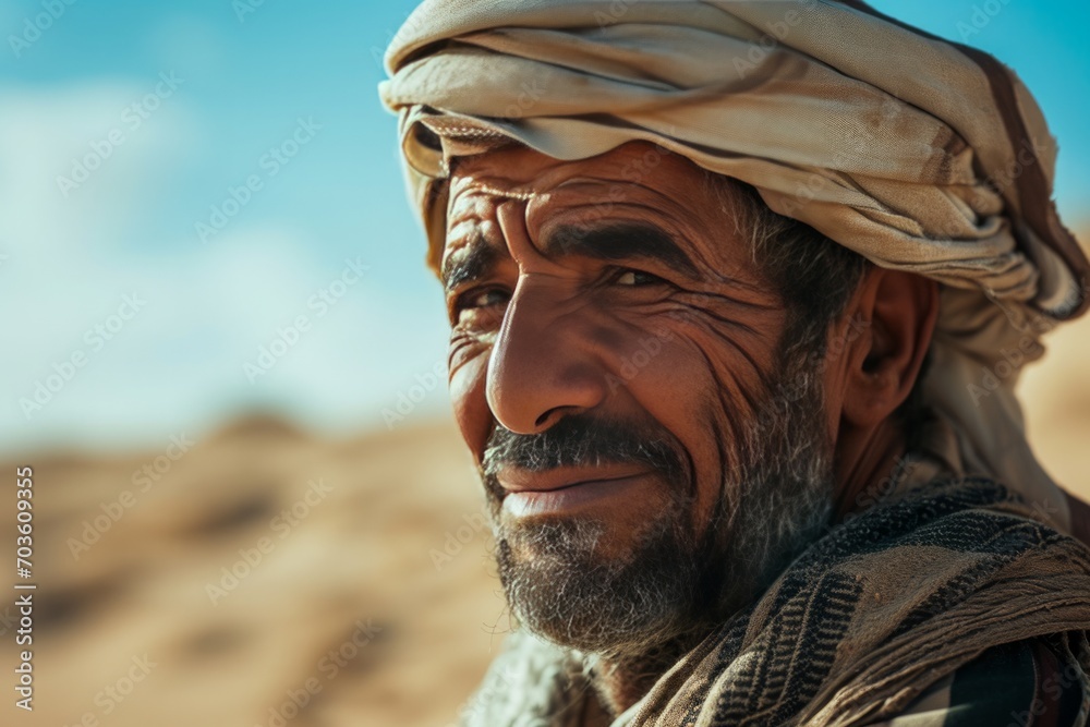 Weathered Face of an Arabic Man in a Desert with Traditional Turban Weathered Face of an Arabic Man in a Desert with Traditional Turban