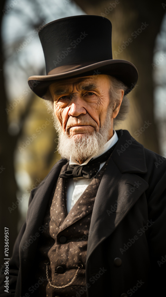 Senior Man in Vintage Costume with Top Hat Outdoors

