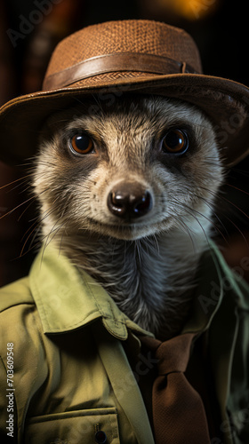An anthropomorphic meerkat detective wearing a hat and jacket. 