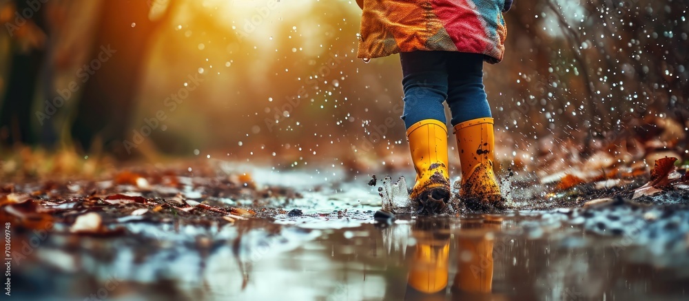 Fototapeta premium Little girl in rain boots walking in sleet, jumping into puddles, wearing colorful clothes, outdoor fun.