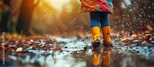 Little girl in rain boots walking in sleet  jumping into puddles  wearing colorful clothes  outdoor fun.