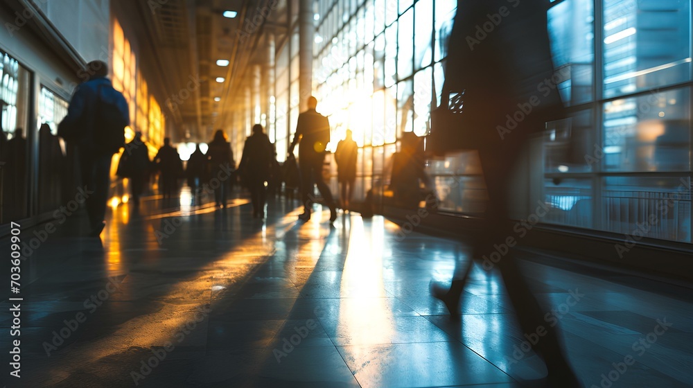 business scene with people walking with blurred background in indoor business building, dark gray and light amber, contemporary glass window, busy street. generative AI