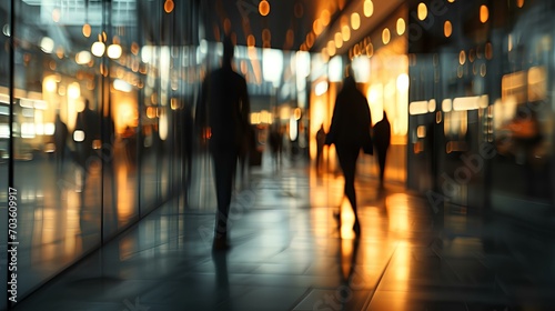 business scene with people walking with blurred background in indoor business building, dark gray and light amber, contemporary glass window, busy street. generative AI