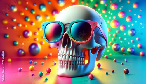 Skull with rainbow sunglasses, vibrant backdrop © Maule