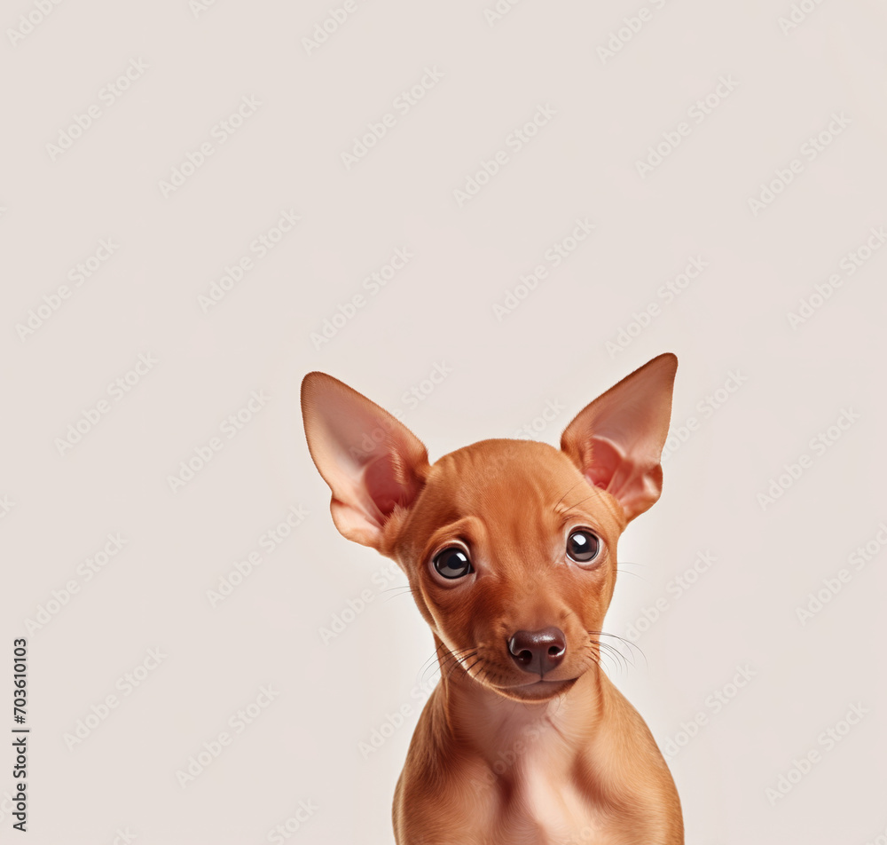 A small Russian brown toy terrier dog, with long, pointy ears, is captured in a high-quality portrait.