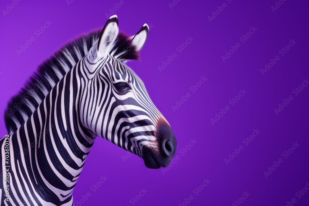 A hyperrealistic illustration showcases a zebra against a purple background, emphasizing its detailed stripes. A hyperrealistic illustration showcases a zebra against a purple background, emphasizing its detailed stripes.