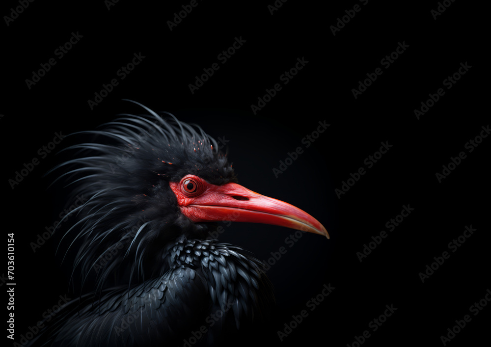Obraz premium A highly realistic portrait shot captures a black bird with a long, shiny red beak against a deep black background.