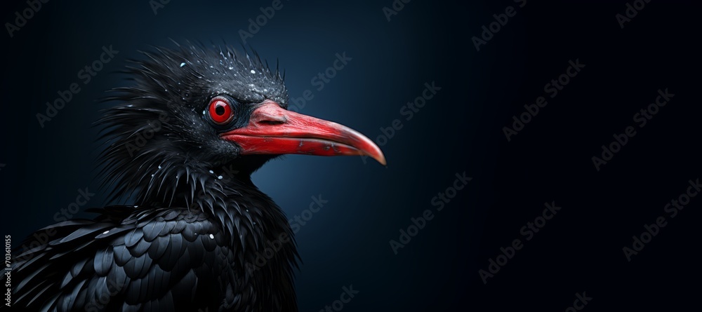 A sharp and detailed photo features a closeup of a crow with a red-eyed, menacing look and a shiny black beak.