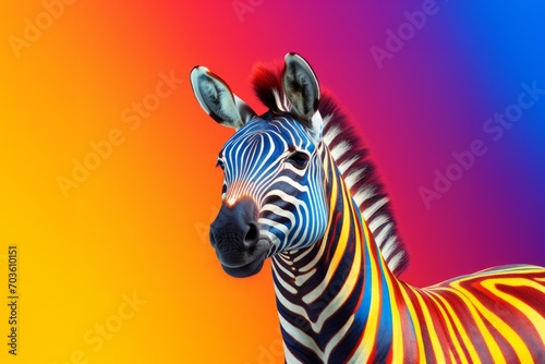 A vibrant and stylized digital art photo presents a zebra against a colorful background  highlighting its vivid stripes.