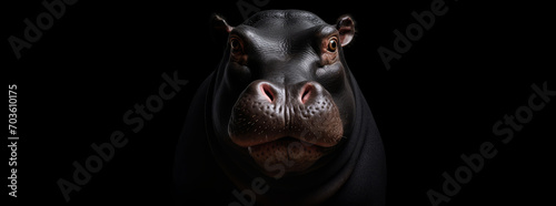 A hyperrealistic portrait showcases a morphed hippo against a black background, highlighting its detailed features. photo