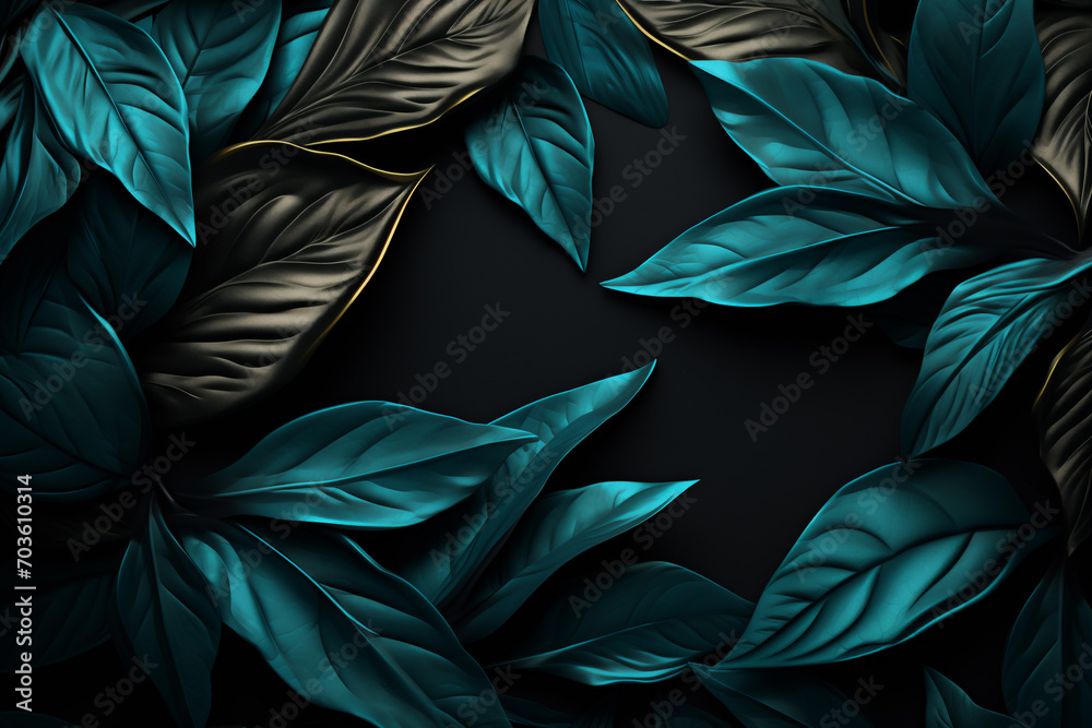 A 3D matte illustration presents a group of dark green leaves against a contrasting black background.