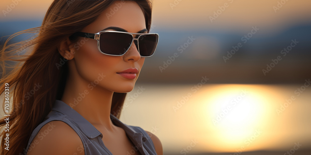 A fashion model dons designer sunglasses, showcasing futuristic lenses in a promotional photo. - obrazy, fototapety, plakaty 