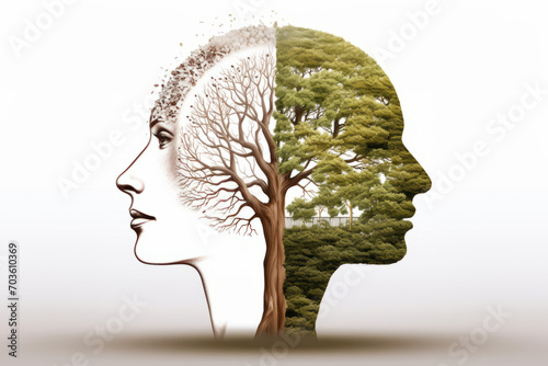 An artistic illustration presents a woman with a tree growing out of her head, symbolizing the tree of life. photo