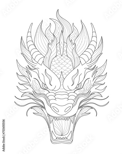 Dragon angry head with open mouth, coloring book page for adults, detailed