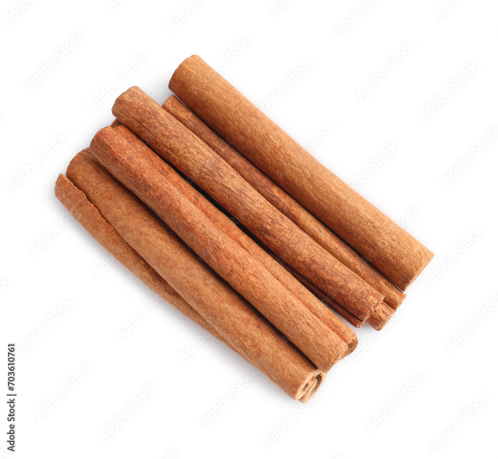 Aromatic cinnamon sticks isolated on white, top view Aromatic cinnamon sticks isolated on white, top view