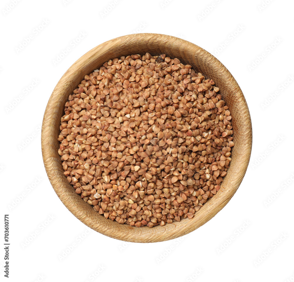 Bowl with dry buckwheat isolated on white, top view Bowl with dry buckwheat isolated on white, top view
