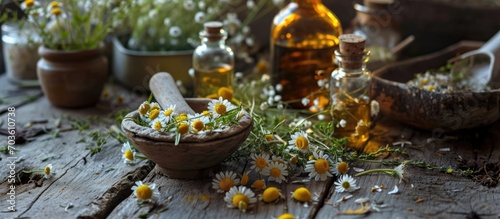 Herbal medicine made with healing herbs and chamomile oil on a wooden table.