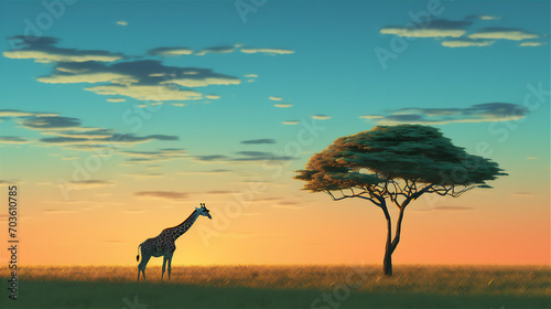 giraffe in the savannah at sunset