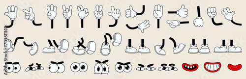 Set of 70s groovy comic faces vector. Collection of cartoon character faces, leg, hand in different emotions happy, angry, sad, cheerful. Cute retro groovy hippie illustration for decorative, sticker