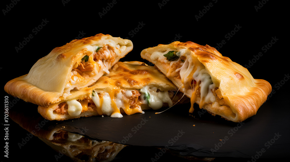 a calzone commercia shot list with a white background and tight shots of the cheesy calzone