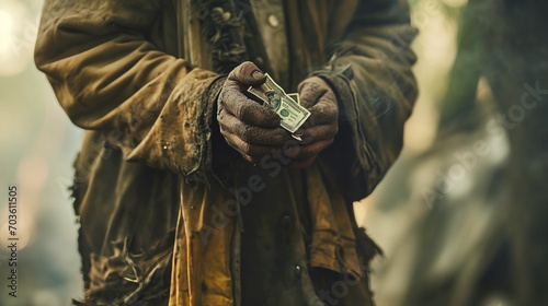 A poor individual carrying money, disheveled clothing, depicting the effects of inflation. Concept of economic challenges, rising prices, and financial hardship. photo