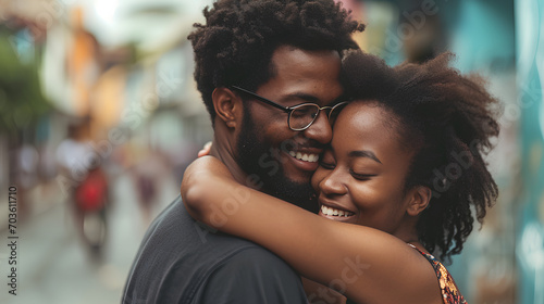 Happy african american couple hugging on the street in a summer day © HM Design