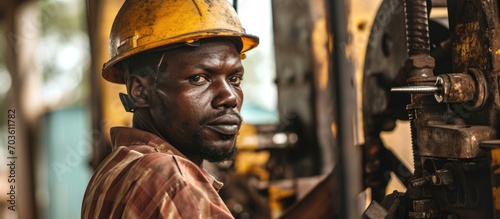 Unidentified African man in helmet with machine, a striking image of a black man holding a grinding tool.