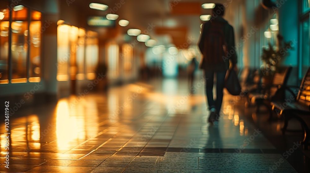 Blurred image of a man walking in the lobby of an airport Blurred image of a man walking in the lobby of an airport