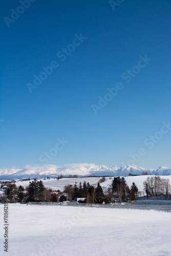 冬の晴れた日の融雪剤がまかれた畑と雪山 十勝岳連峰 