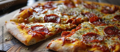 Freshly baked, cheesy pepperoni pizza.